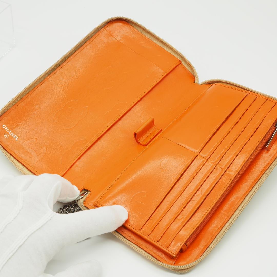 【美品】CHANEL カンボンライン オーガナイザー 長財布 ベージュ×オレンジ
