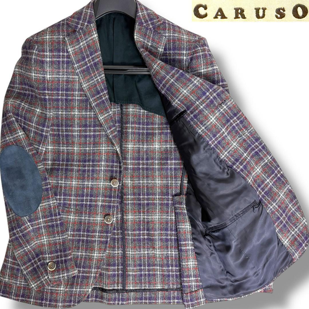 J4028 超美品 カルーゾ エルボーパッチチェック柄ツイードジャケット 48