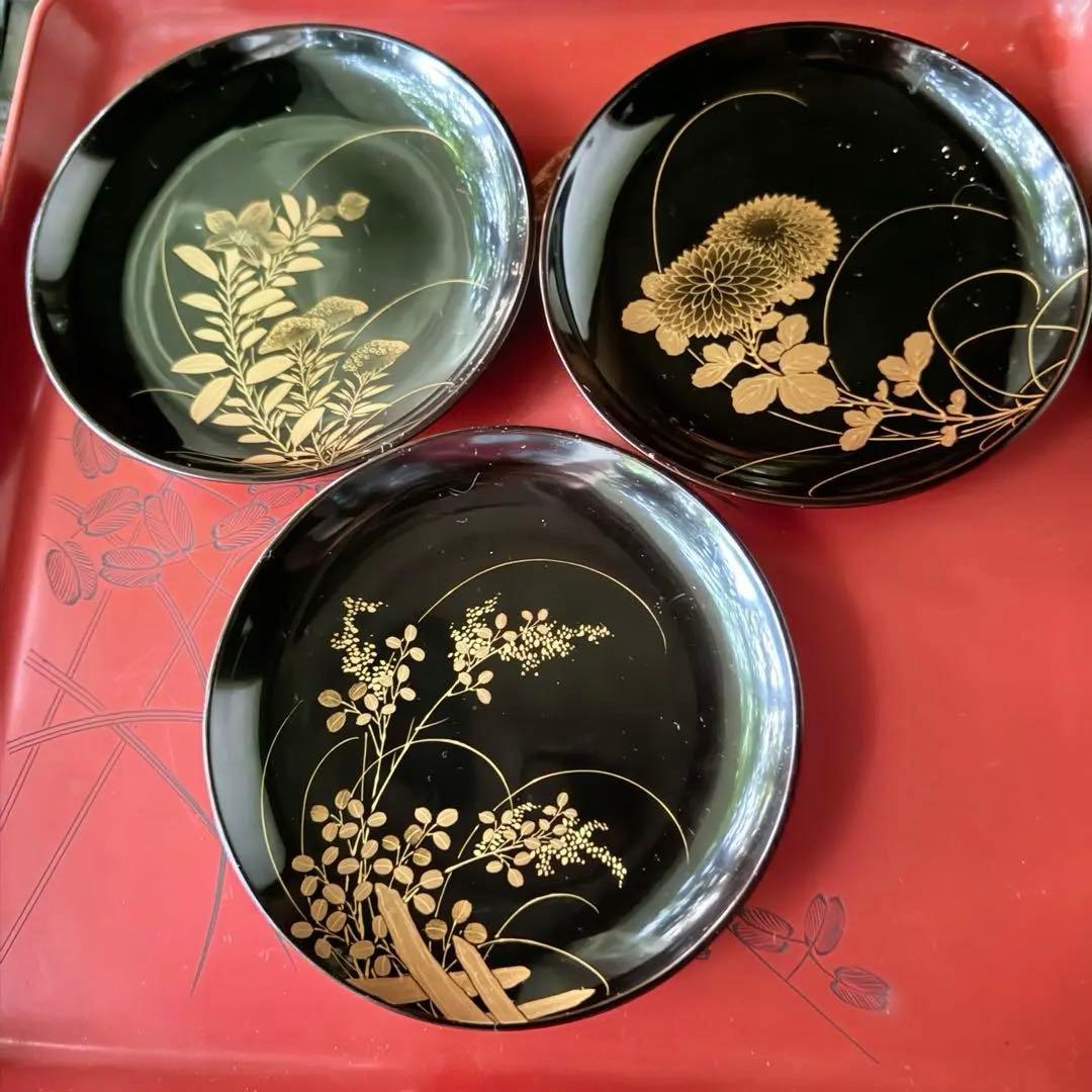 新春特別価格 ‼️茶人の心JAPAN蒔絵貴人の風雅な『四季の花』絵替木皿20客桐箱