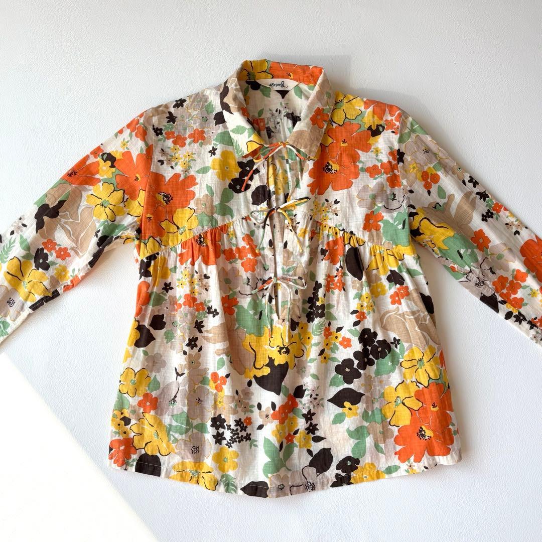 45rpm 長袖ブラウス　チュニック　花柄　マルチカラー　リボン　コットン100