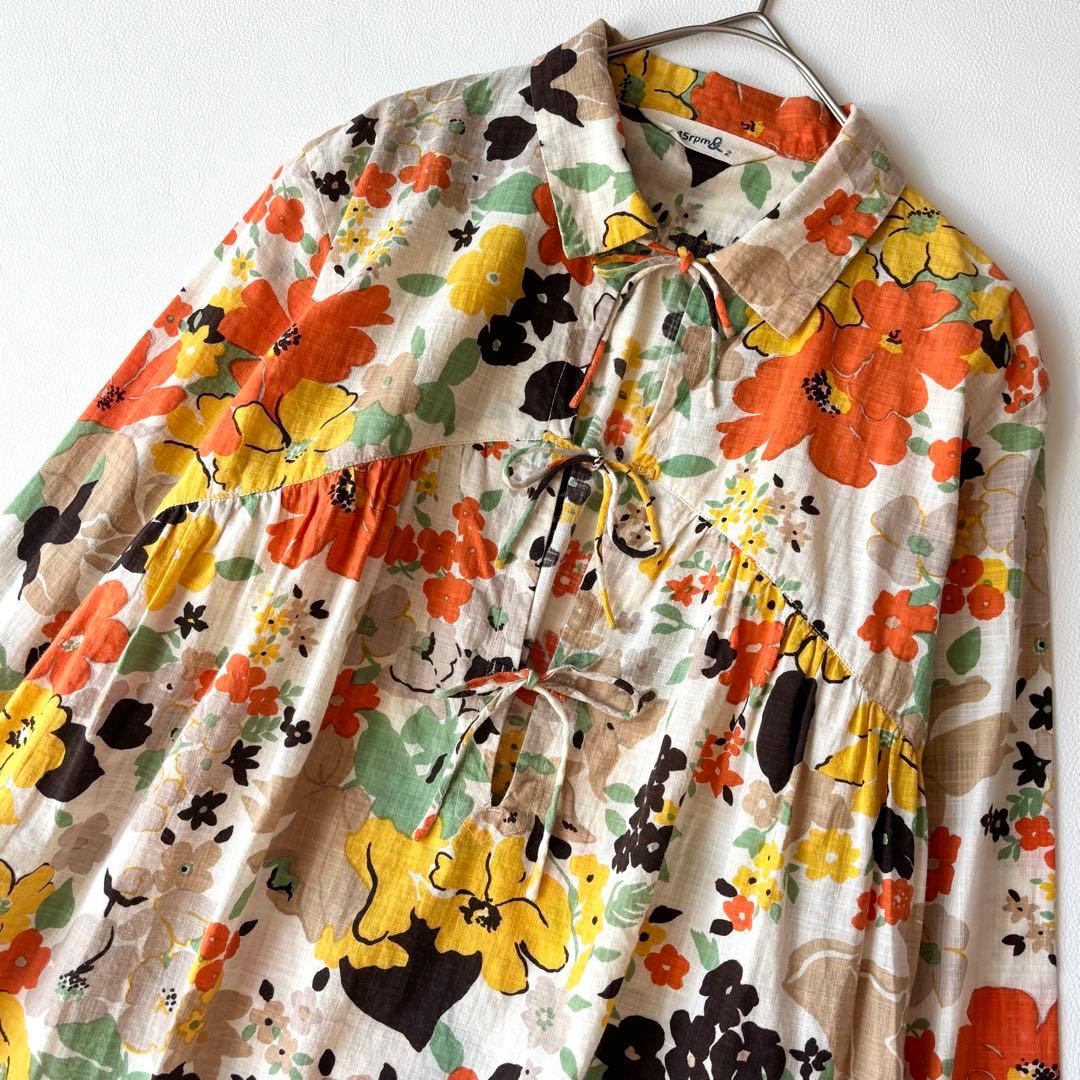 45rpm 長袖ブラウス　チュニック　花柄　マルチカラー　リボン　コットン100