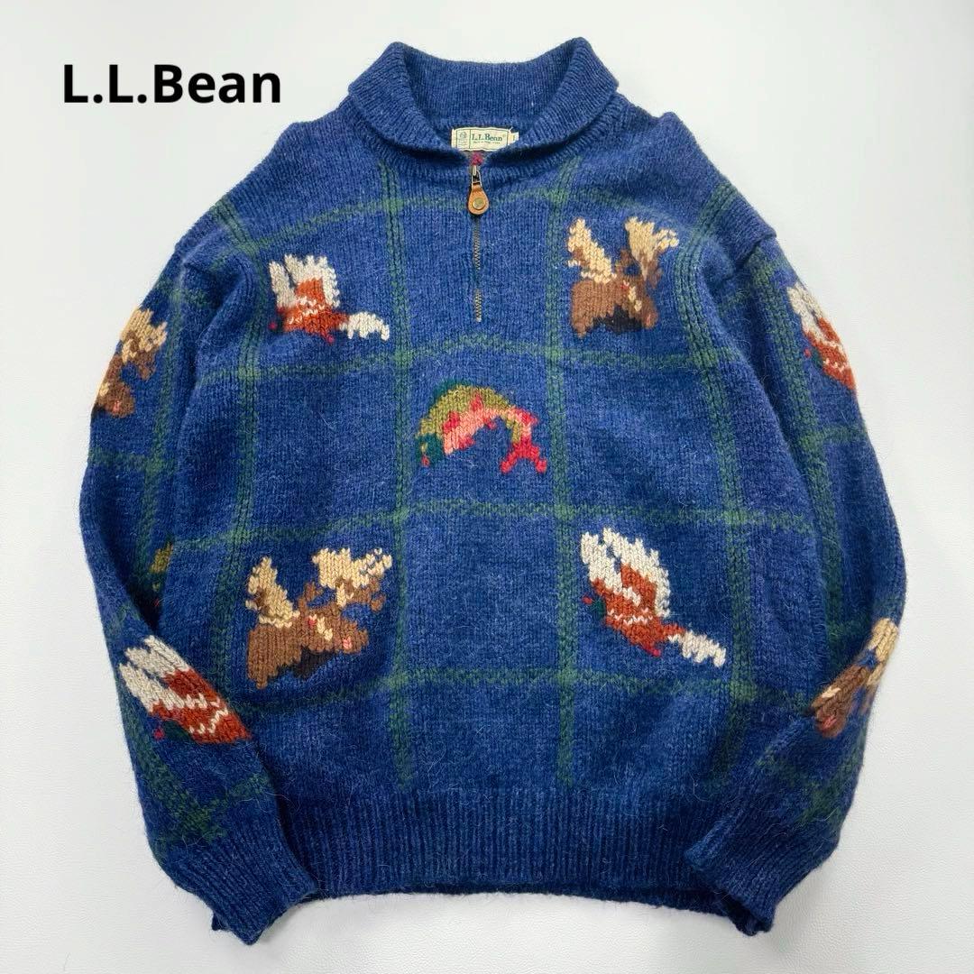 エルエルビーン 鳥柄ハーフジップショールカラーウールニット セーター 90s