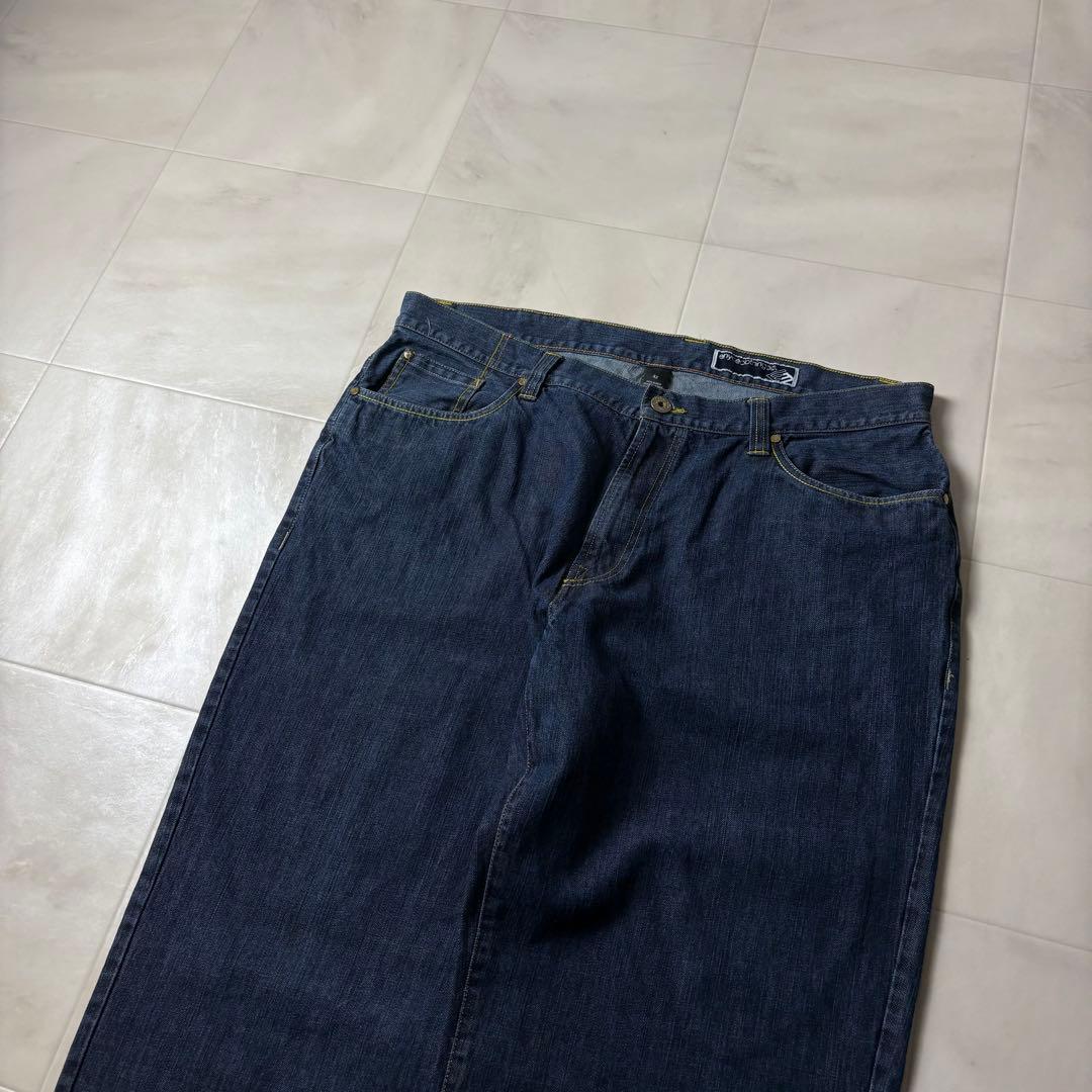 ENYCE 刺繍デザイン 極太 スーパーワイド デニム バギーパンツ 濃紺 B系