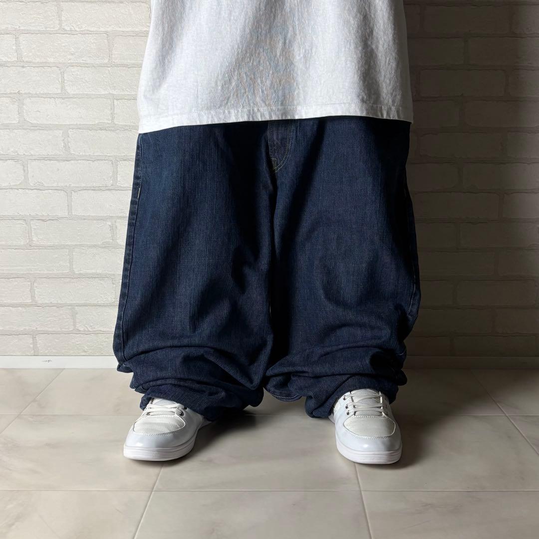 ENYCE 刺繍デザイン 極太 スーパーワイド デニム バギーパンツ 濃紺 B系