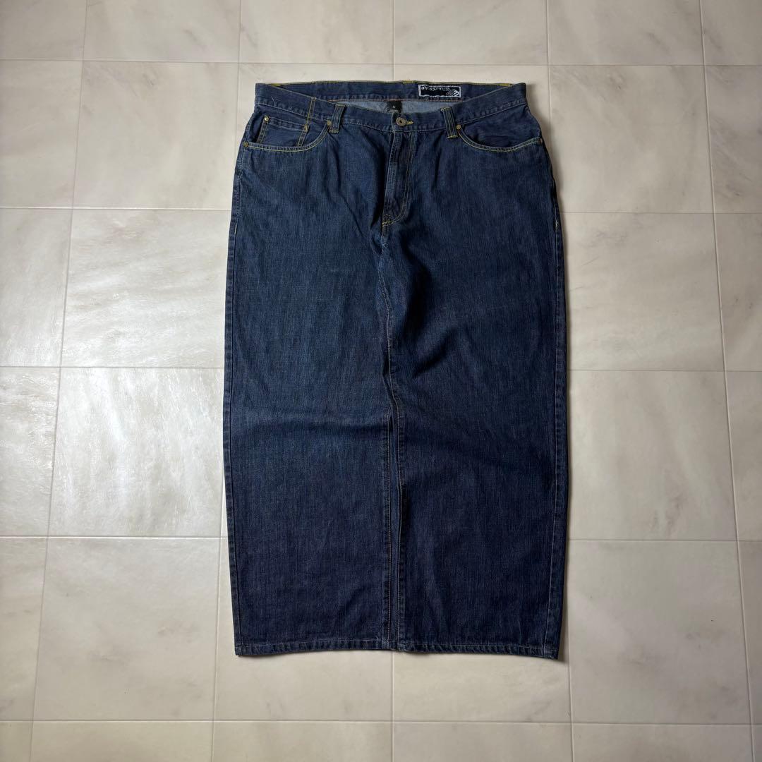 ENYCE 刺繍デザイン 極太 スーパーワイド デニム バギーパンツ 濃紺 B系