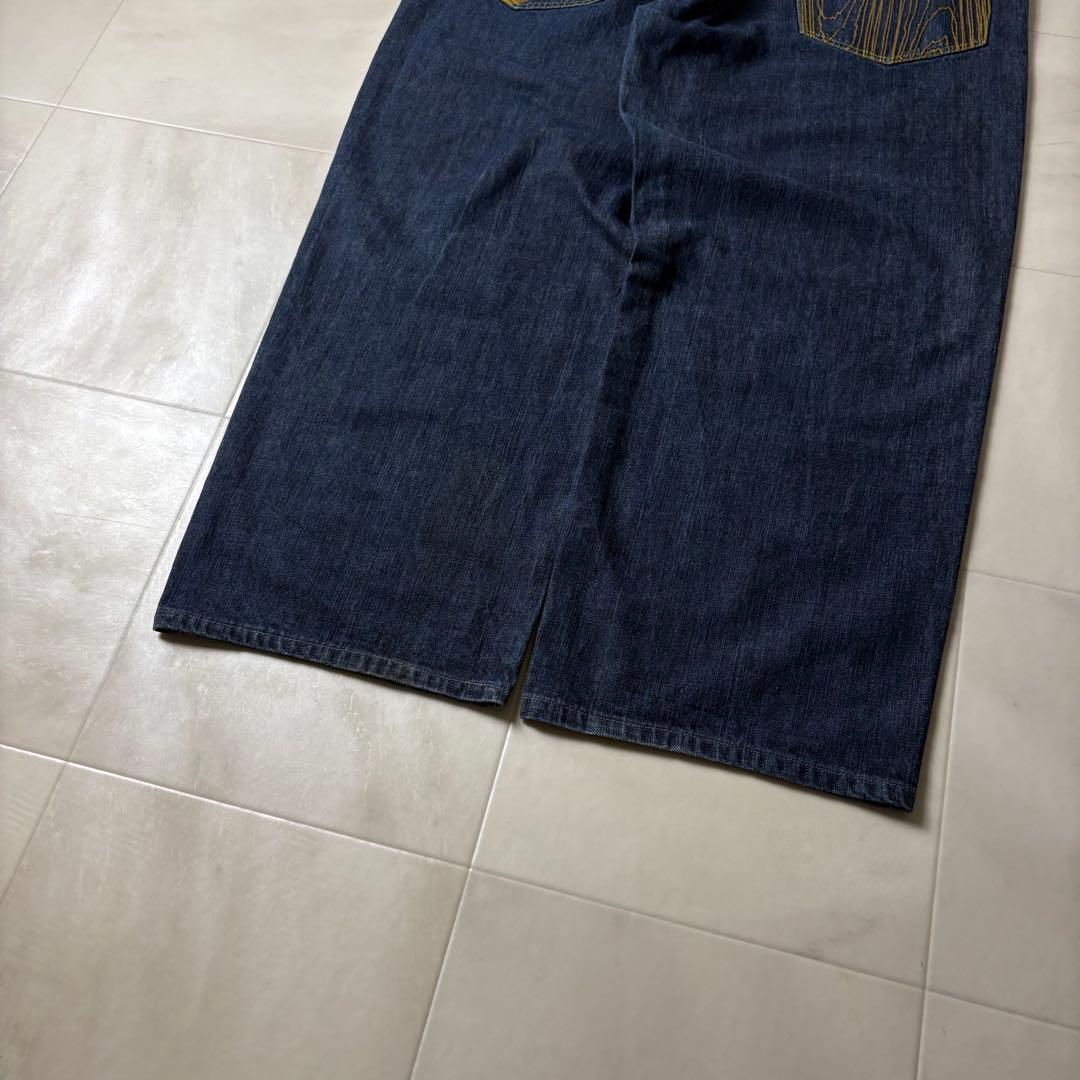 ENYCE 刺繍デザイン 極太 スーパーワイド デニム バギーパンツ 濃紺 B系