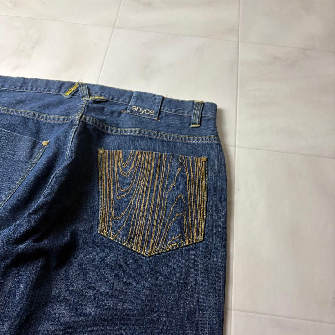 ENYCE 刺繍デザイン 極太 スーパーワイド デニム バギーパンツ 濃紺 B系