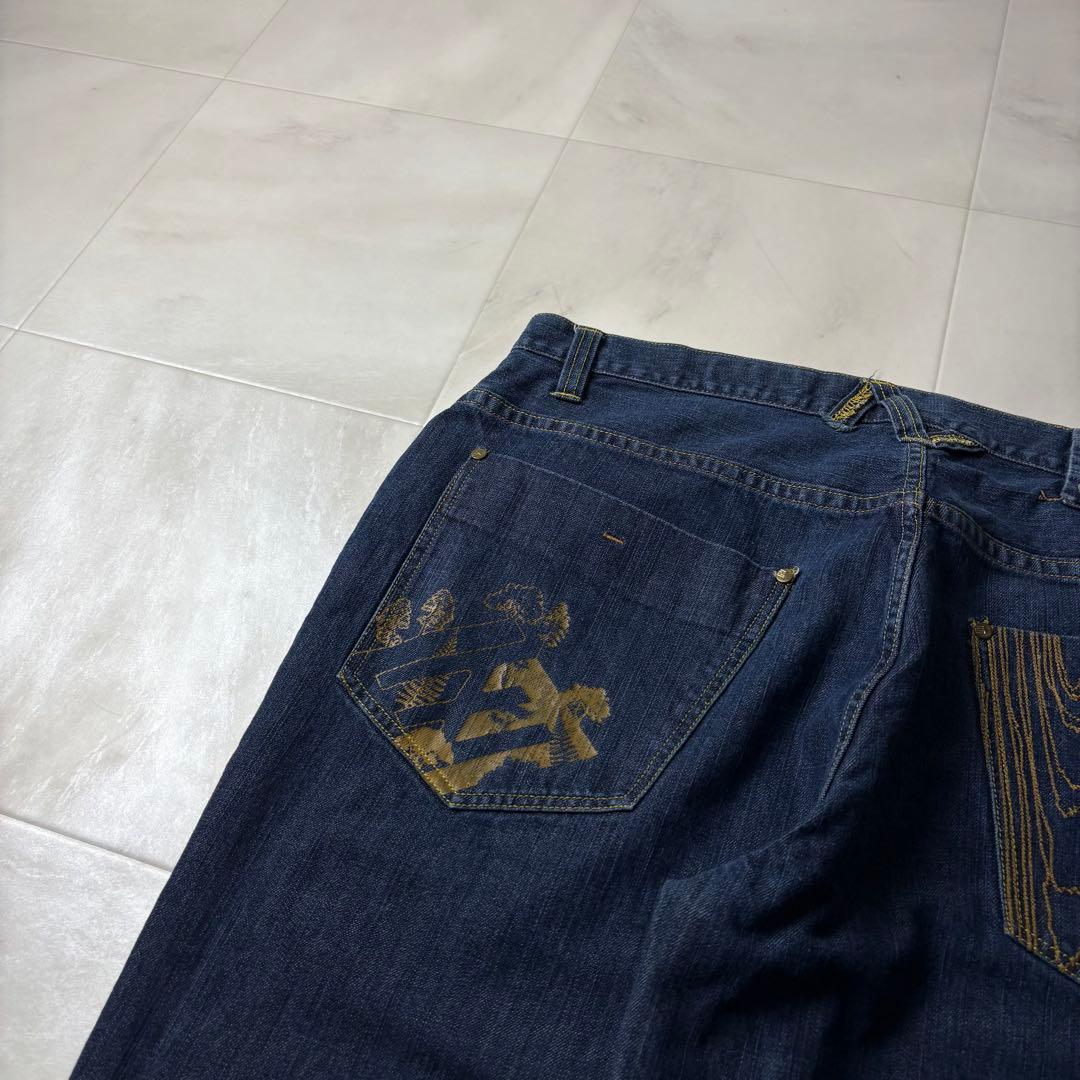 ENYCE 刺繍デザイン 極太 スーパーワイド デニム バギーパンツ 濃紺 B系