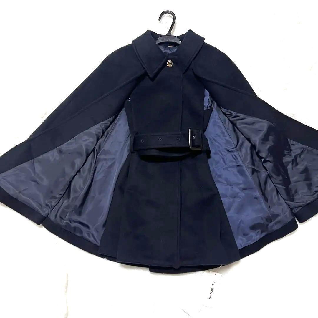 【新品 タグ LILY BROWN ミドルケープコート ダークネイビー ウール