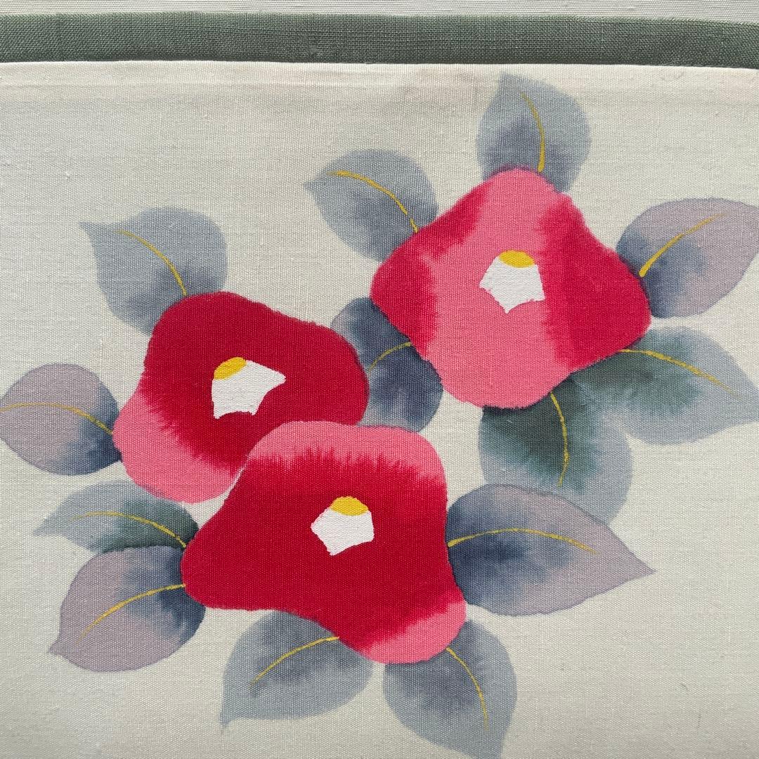 紬帯　赤い椿のお花　リメイク　山葡萄ハンドルバッグ