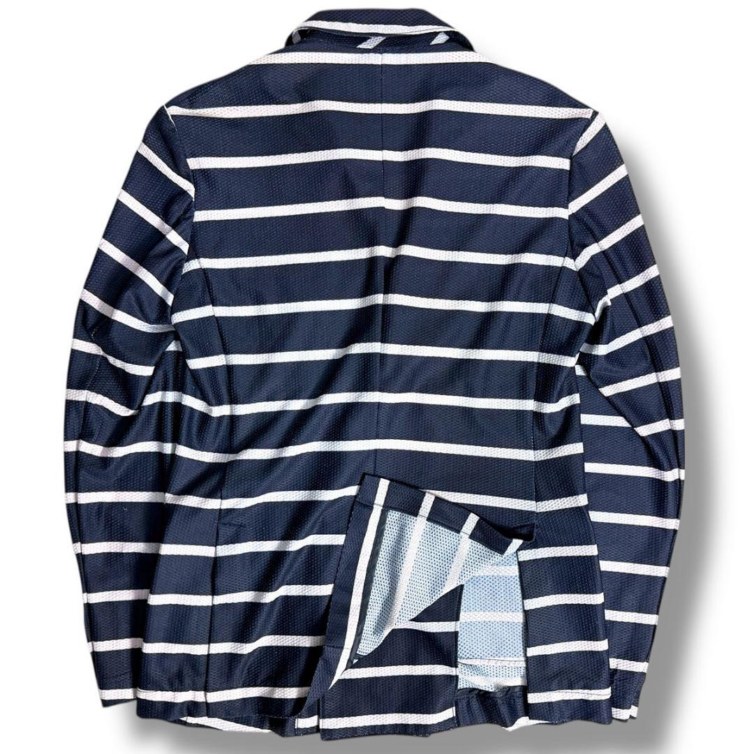J6052 美品 ムータマリン ボーダー金ボタンダブルストレッチジャケット 紺M