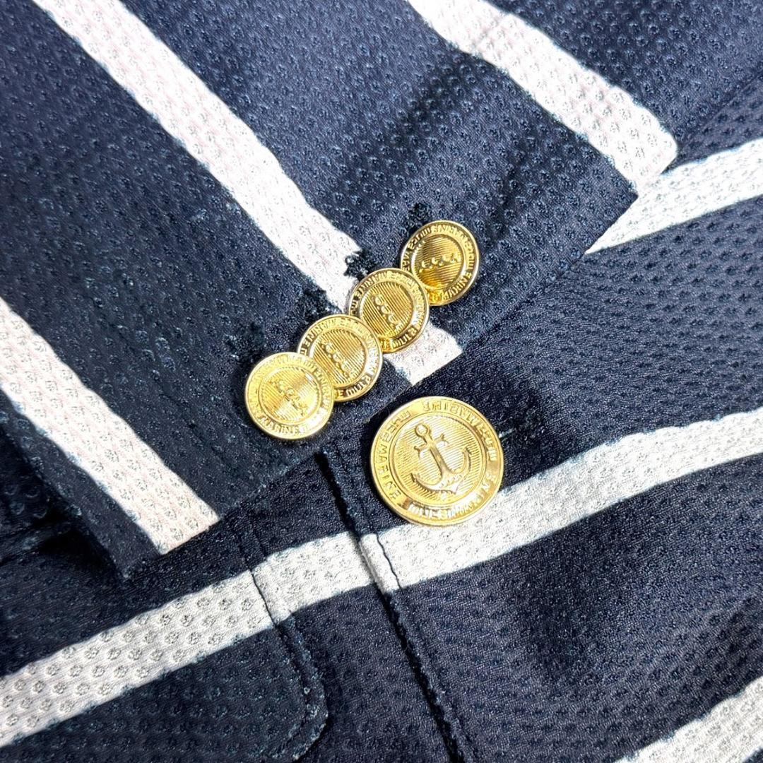 J6052 美品 ムータマリン ボーダー金ボタンダブルストレッチジャケット 紺M