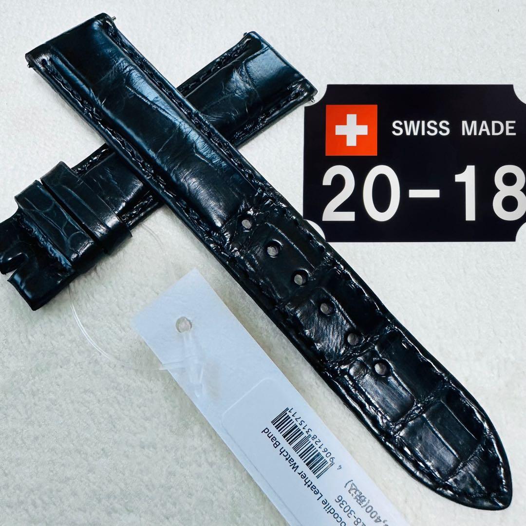 3036#20mm-18mmブラック★本物クロコダイルレザーベルト★スイス製