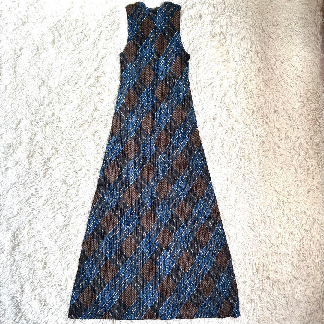 【美品】レアカラー プリーツプリーズ マキシ丈 ワンピース チェック 3 L