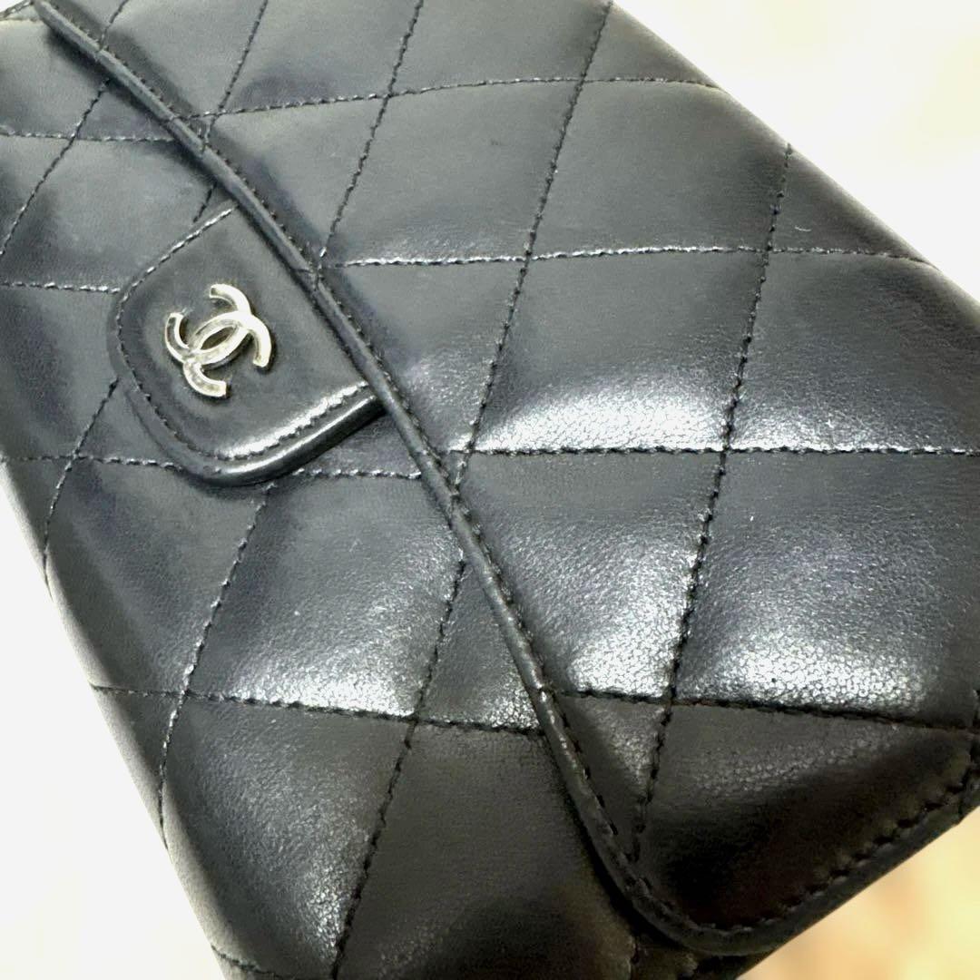 CHANEL シャネル 三つ折り長財布 マトラッセ ラムスキン ブラック