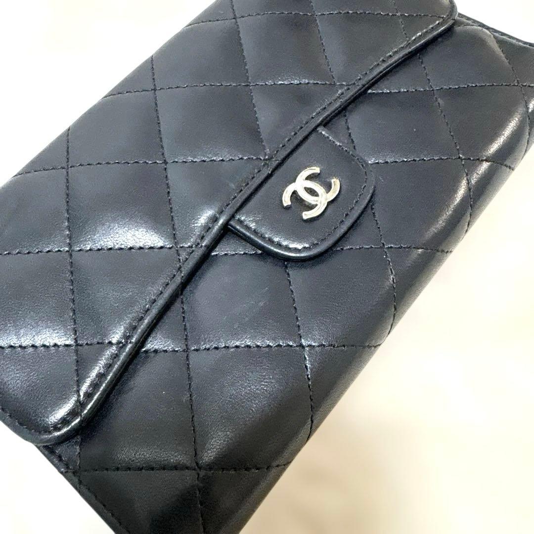 CHANEL シャネル 三つ折り長財布 マトラッセ ラムスキン ブラック