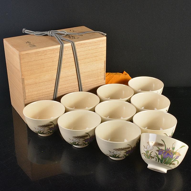 anko　鈴木清安作　色絵金彩　仁清菖蒲文数茶碗十客共箱　V　R7058B