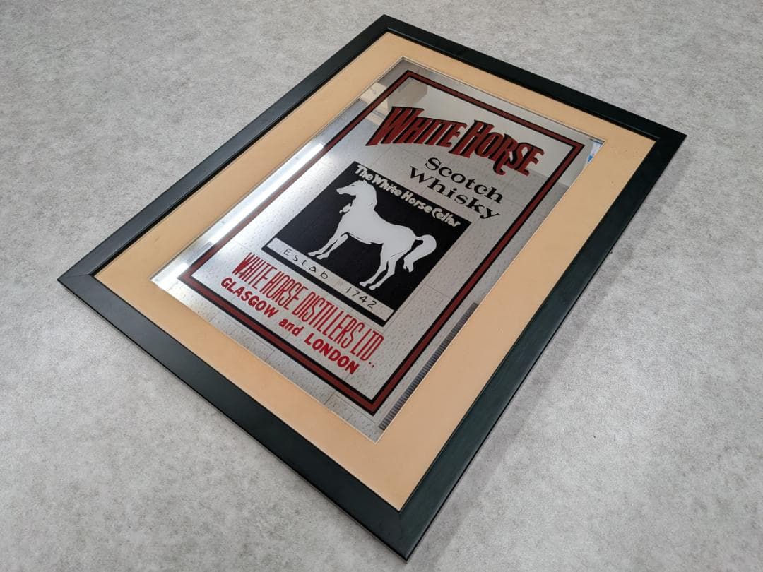 アンティーク WHITE HORSE ホワイトホース パブミラー 鏡 額入り