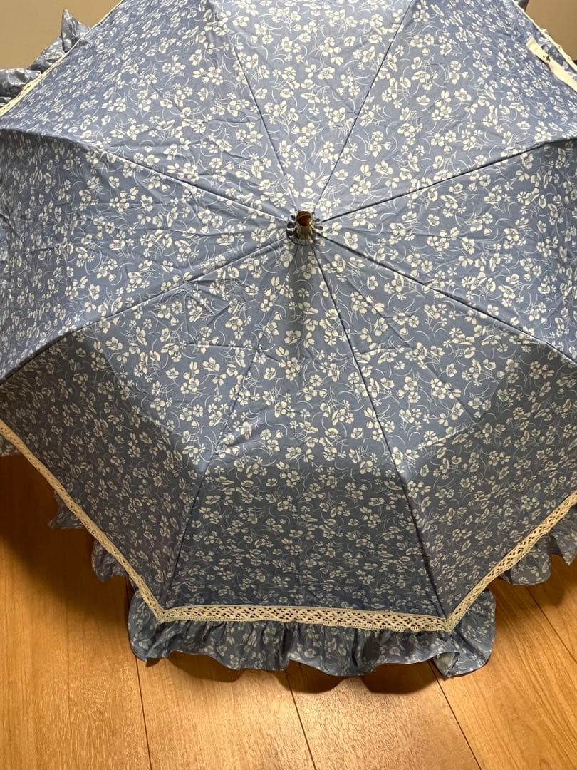美品！！　ポロラルフローレン　楽折　遮光　晴雨兼用傘　水色花柄フリル日傘