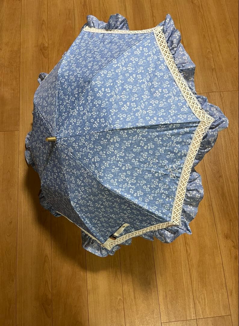 美品！！　ポロラルフローレン　楽折　遮光　晴雨兼用傘　水色花柄フリル日傘