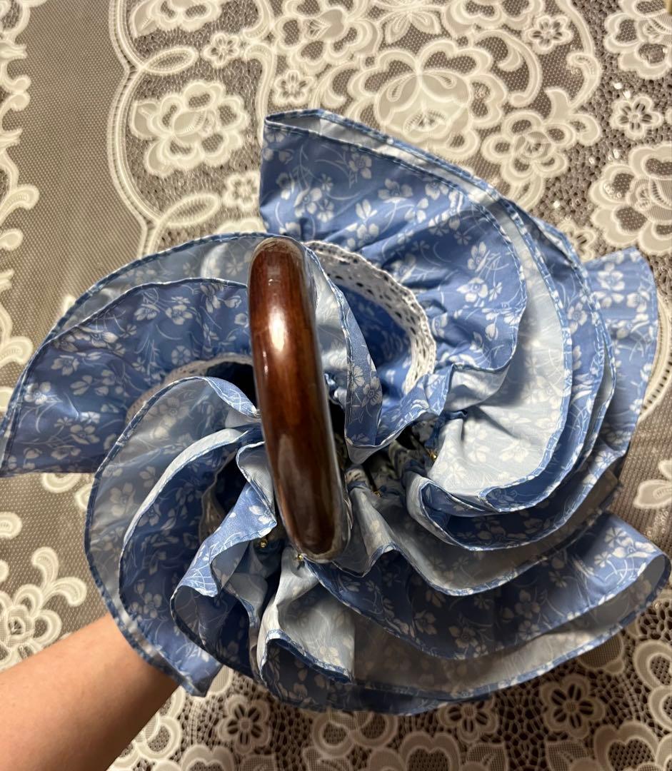 美品！！　ポロラルフローレン　楽折　遮光　晴雨兼用傘　水色花柄フリル日傘