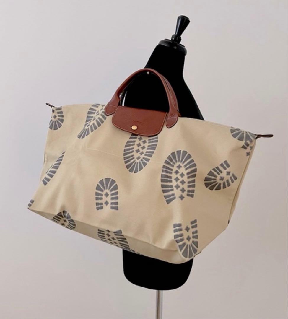 希少●2008ヴィンテージ●ロンシャン●足跡模様 ボストンバッグ 大容量●旅行