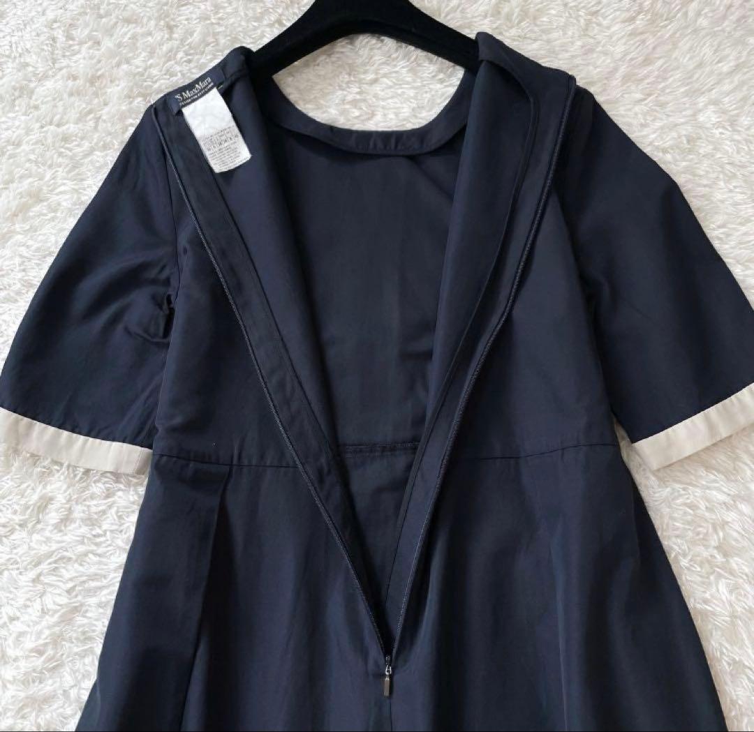 S Max Mara　バイカラーフレアワンピース　ハリ光沢　XLサイズ　ネイビー