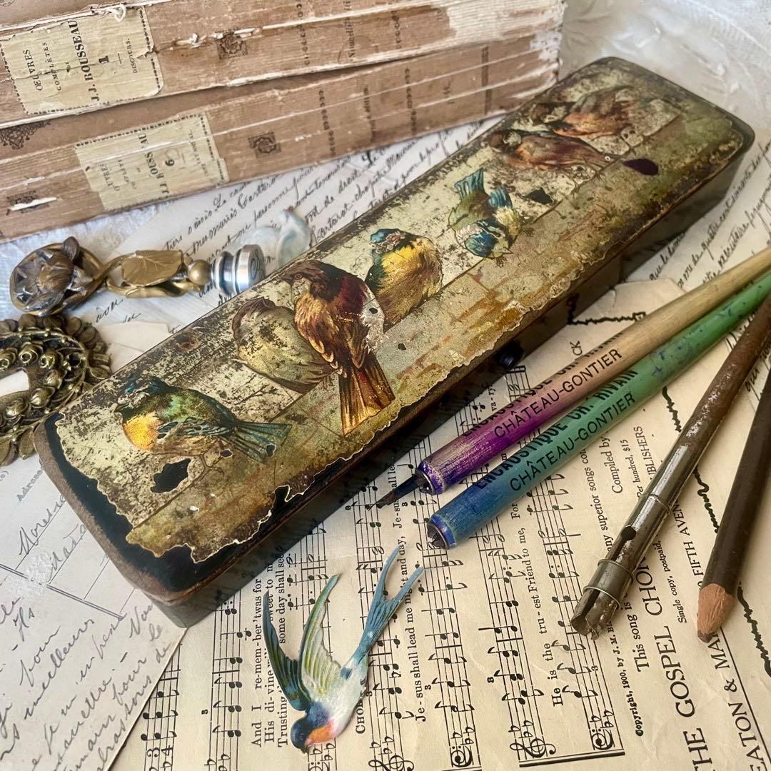 パピエマシェ小鳥柄ペンケース 筆箱　フランスアンティーク 雀　スズメ　バード