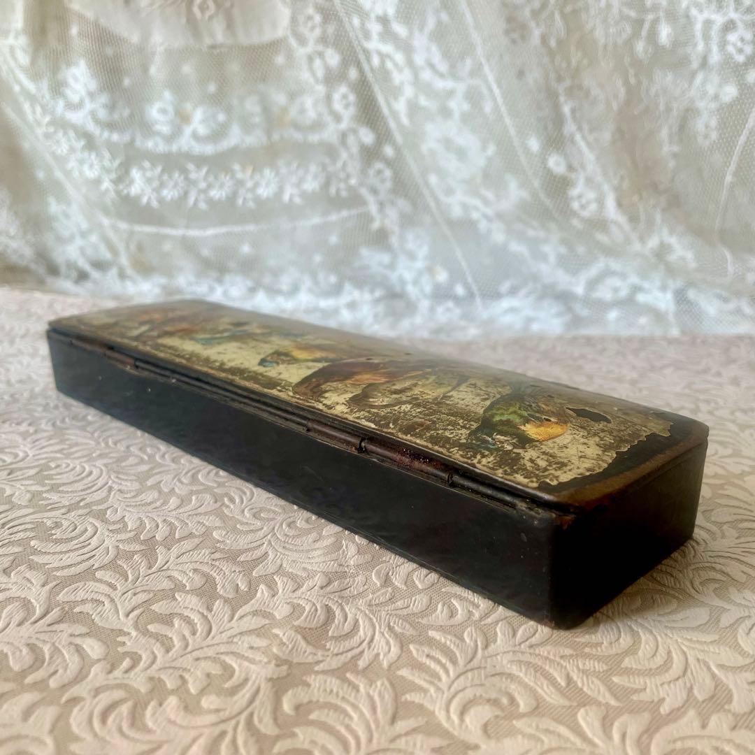 パピエマシェ小鳥柄ペンケース 筆箱　フランスアンティーク 雀　スズメ　バード