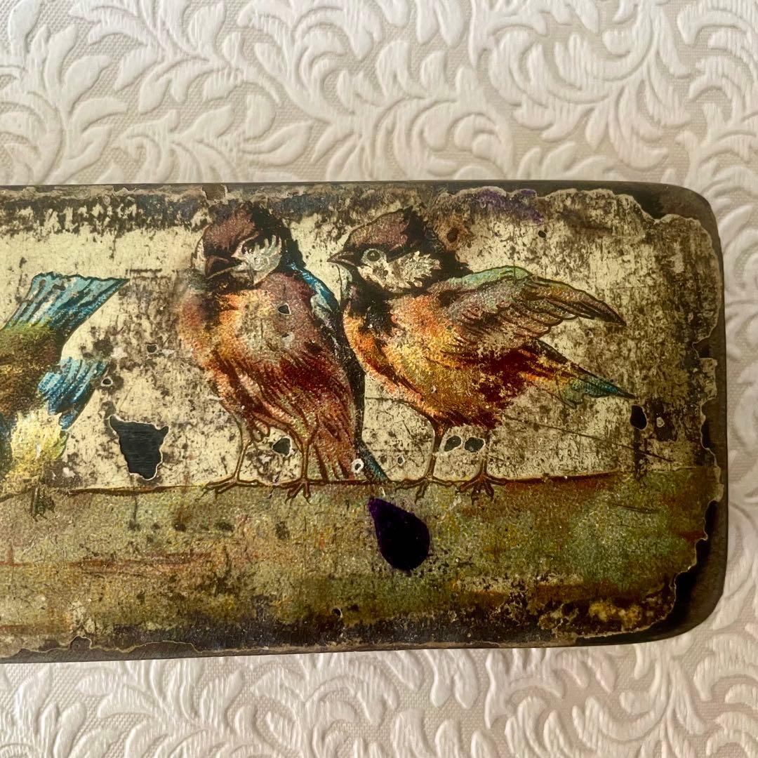 パピエマシェ小鳥柄ペンケース 筆箱　フランスアンティーク 雀　スズメ　バード