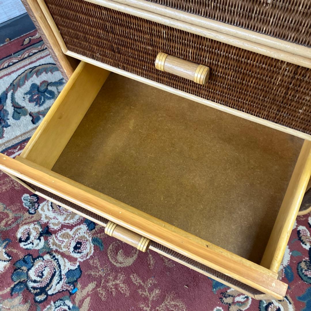 ①昭和レトロ 木製天板 ラタンチェスト 4段 引き出し箪笥 古家具 ビンテージ