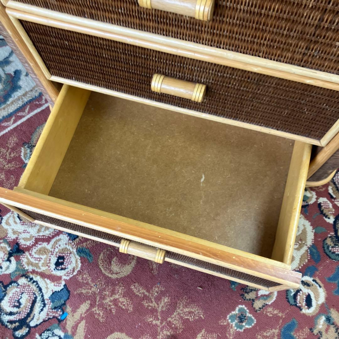 ①昭和レトロ 木製天板 ラタンチェスト 4段 引き出し箪笥 古家具 ビンテージ