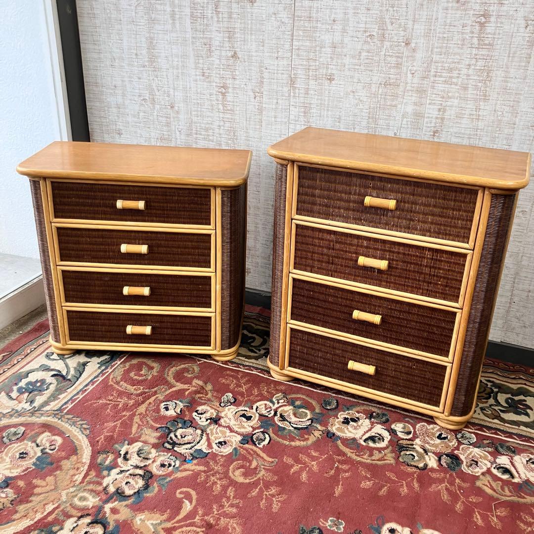 ①昭和レトロ 木製天板 ラタンチェスト 4段 引き出し箪笥 古家具 ビンテージ