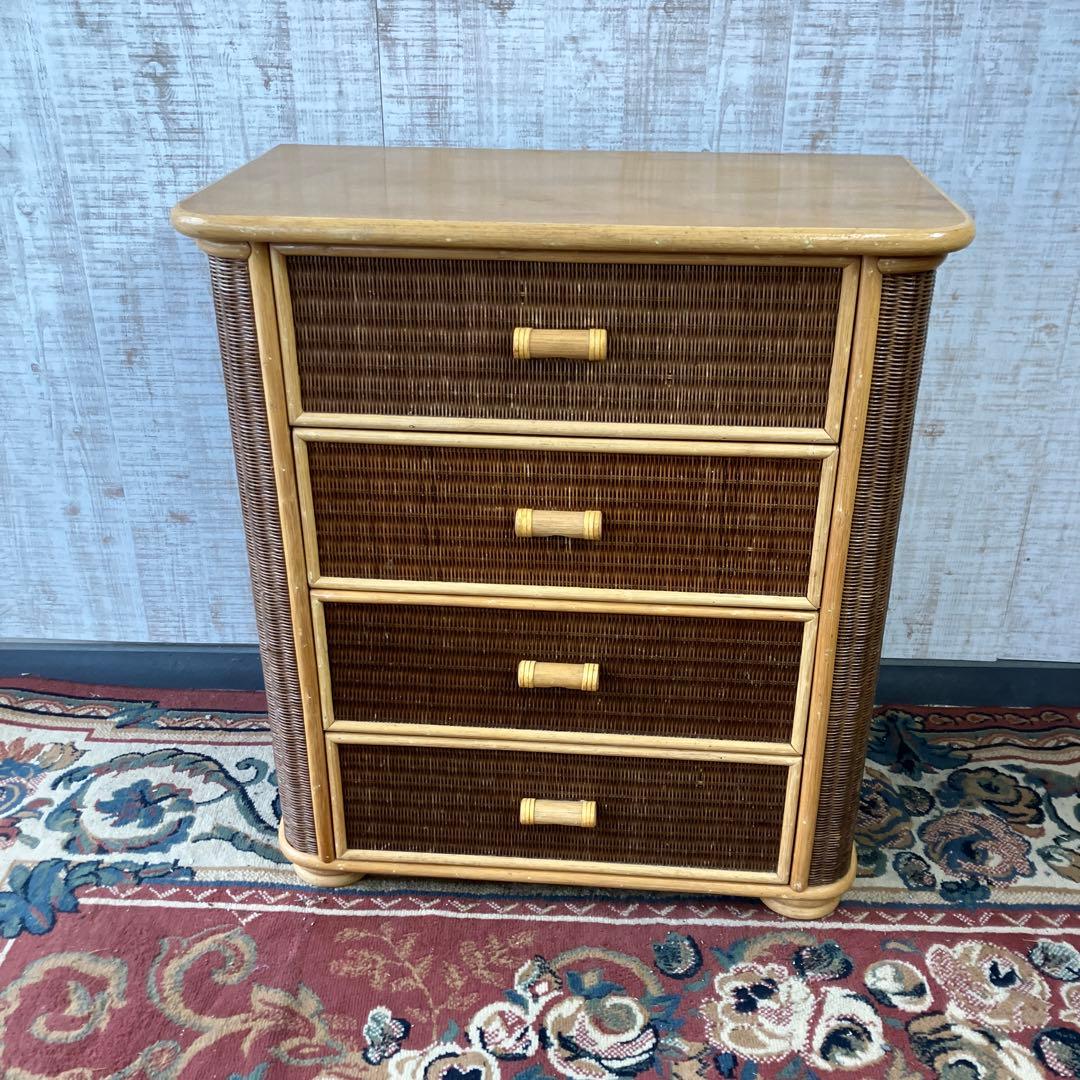 ①昭和レトロ 木製天板 ラタンチェスト 4段 引き出し箪笥 古家具 ビンテージ