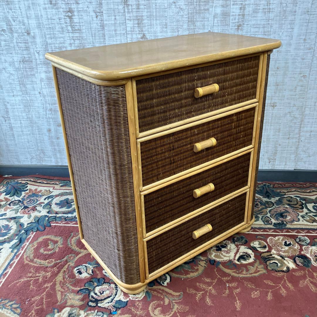 ①昭和レトロ 木製天板 ラタンチェスト 4段 引き出し箪笥 古家具 ビンテージ