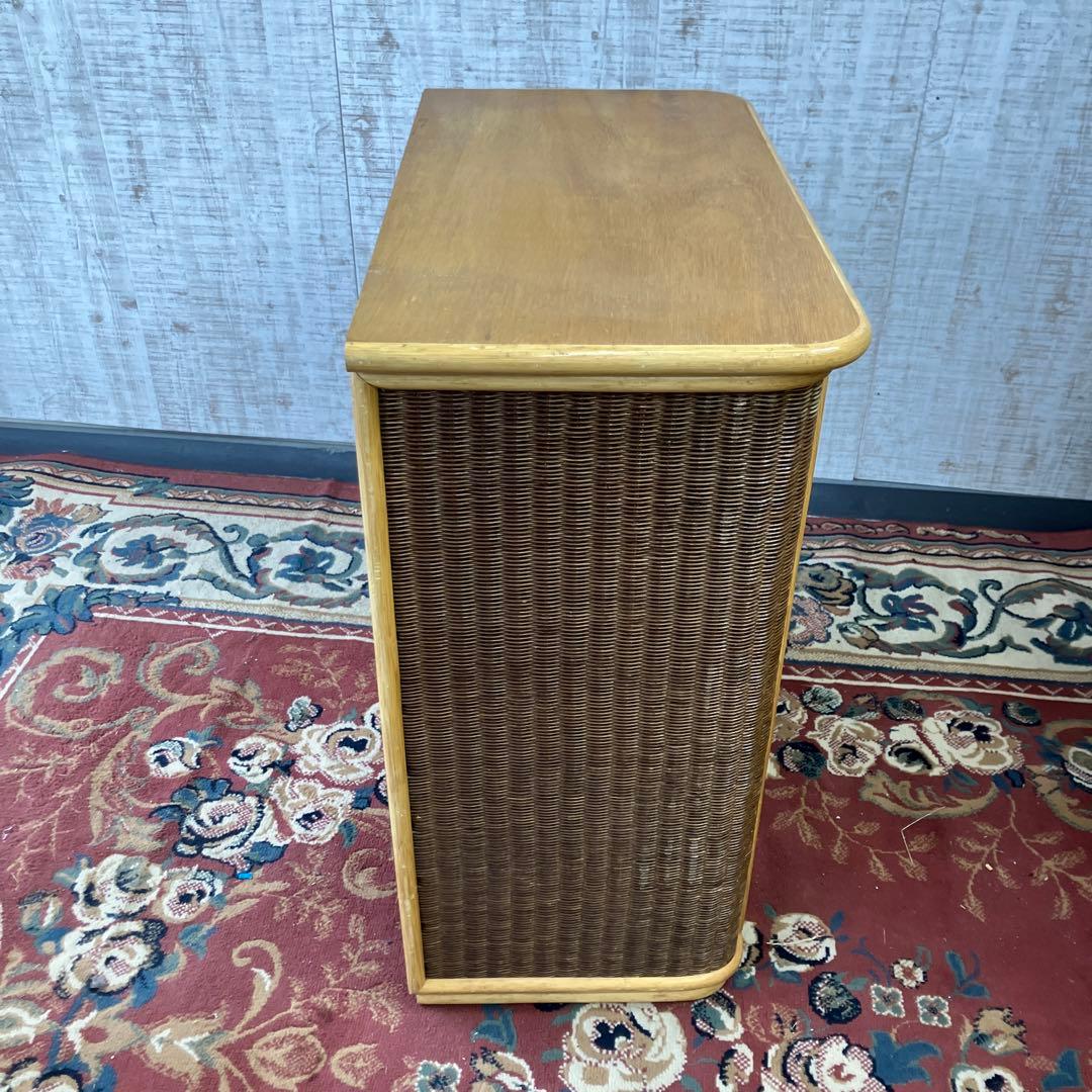 ①昭和レトロ 木製天板 ラタンチェスト 4段 引き出し箪笥 古家具 ビンテージ