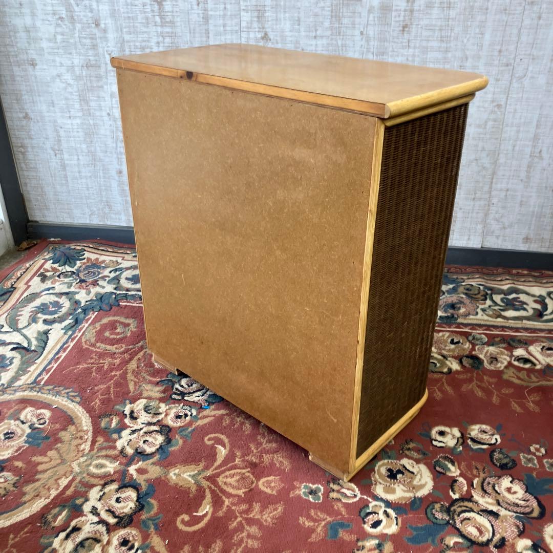 ①昭和レトロ 木製天板 ラタンチェスト 4段 引き出し箪笥 古家具 ビンテージ