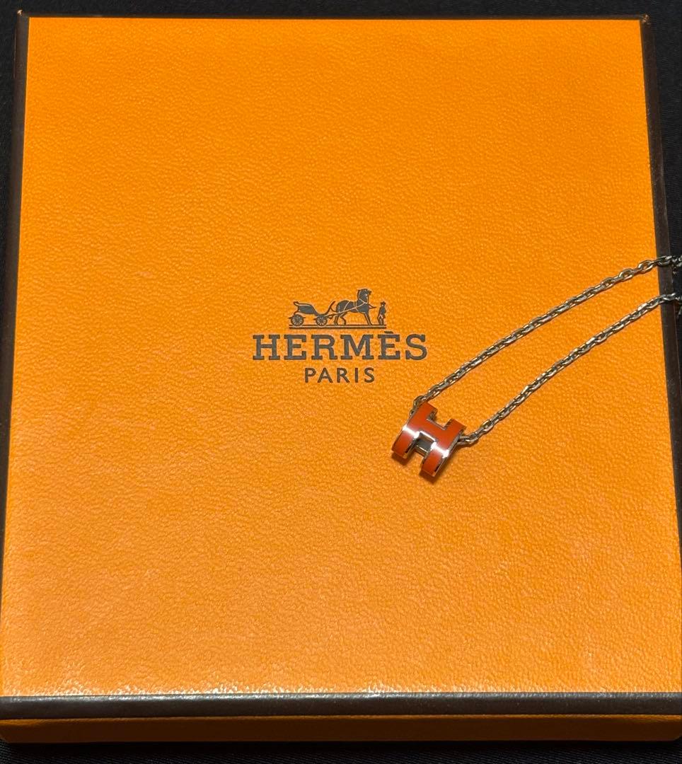 HERMES エルメス　ポップアッシュネックレスH オレンジ×シルバー