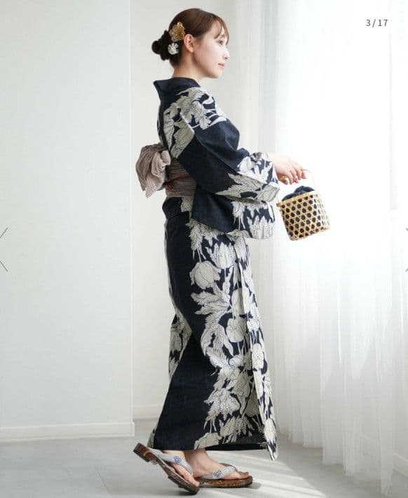 ネイビー 花柄 浴衣 帯付 セパレート 二部式浴衣3点セット