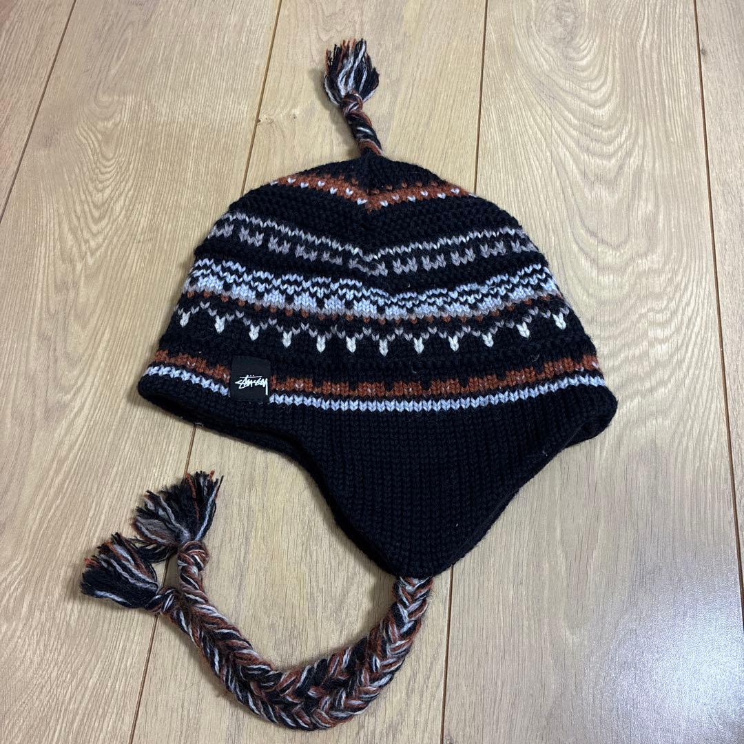 old stussy ステューシー ニット帽 ボンボン耳当て付き 金タグ