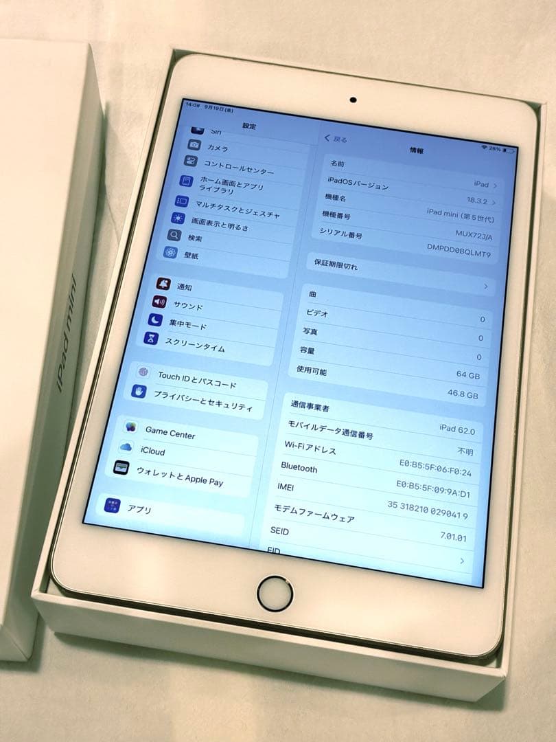 iPad mini 第五世代 64GBゴールド セルラーモデル　バッテリー92%