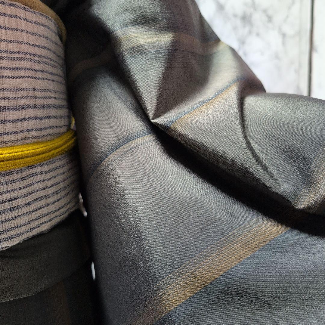 正絹大島紬小紋着物 　ストライプ　モスグリーン系色々