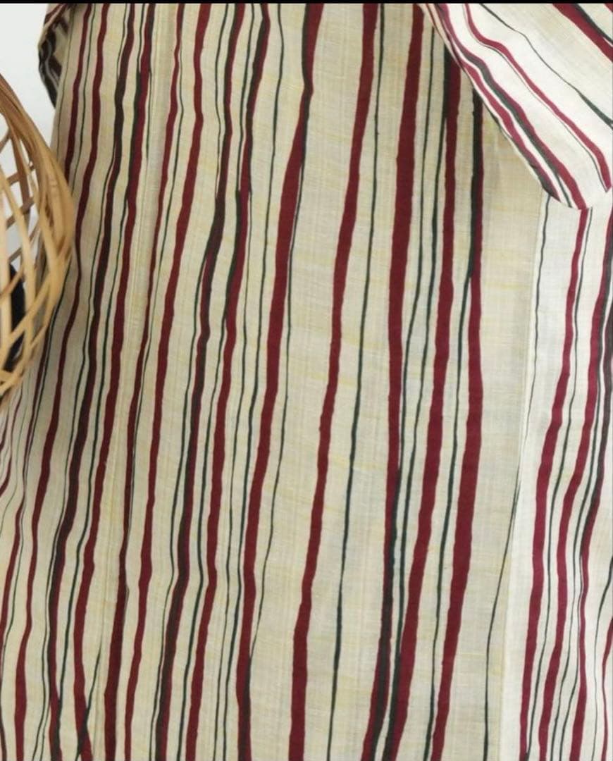 utatane 綿麻 先染めベージュ レトロ赤のよろけ縞　浴衣と帯セット