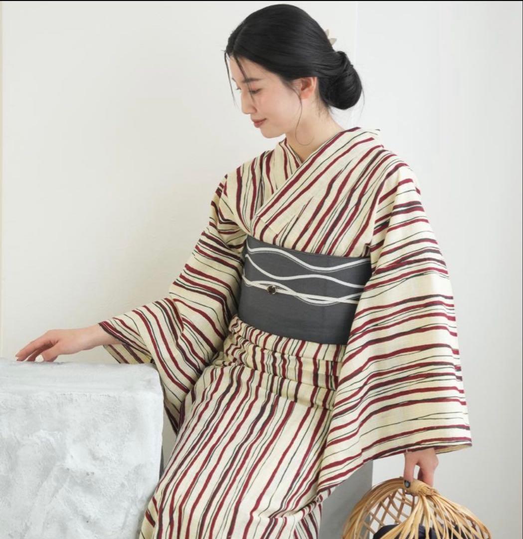 utatane 綿麻 先染めベージュ レトロ赤のよろけ縞　浴衣と帯セット