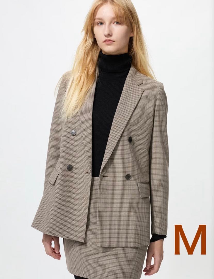 オンライン完売品 ユニクロ　ダブルジャケット 35 BROWN チェック　M