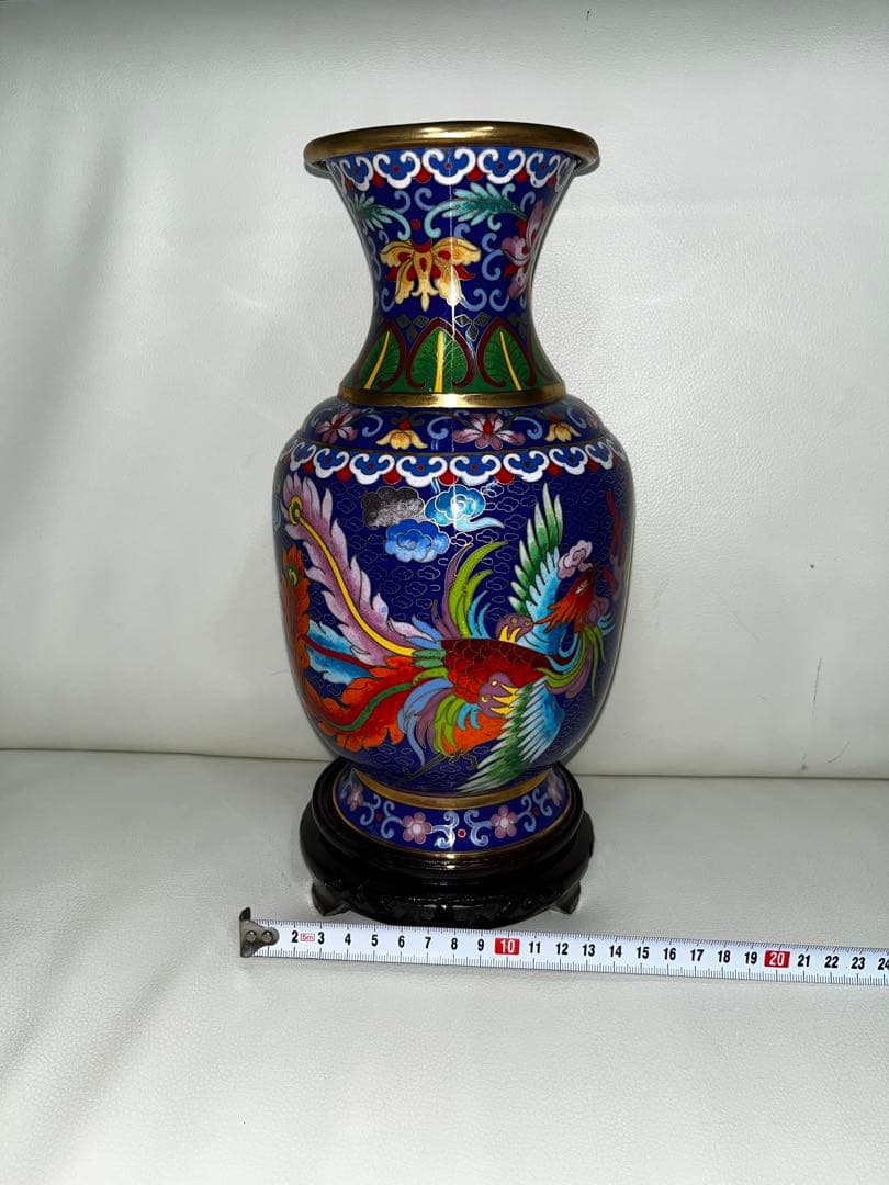 中国製　七宝焼花瓶 龍、鳳凰　台付き　中古品