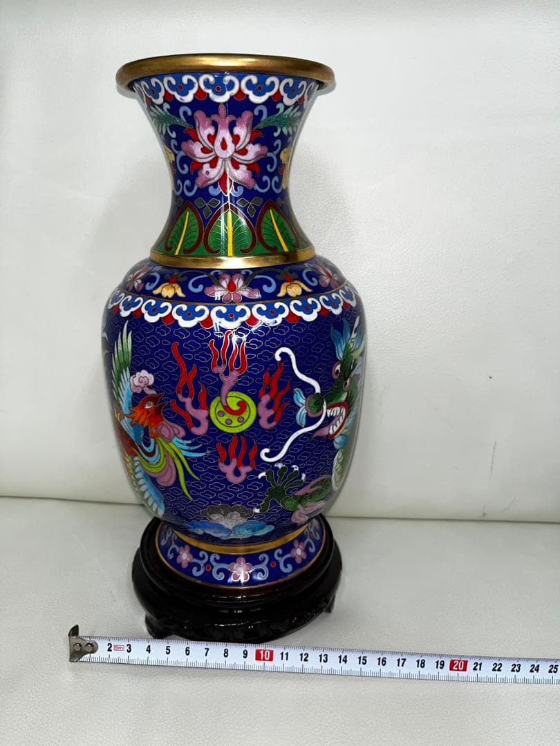 中国製　七宝焼花瓶 龍、鳳凰　台付き　中古品