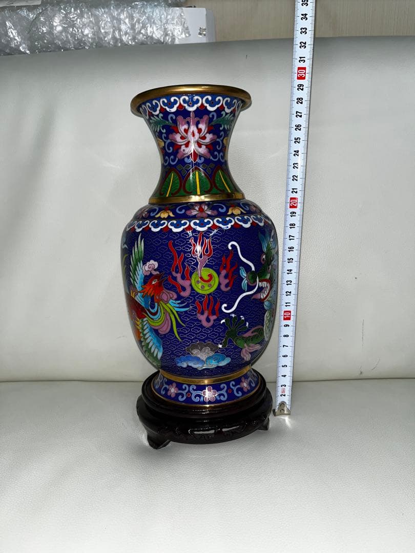 中国製　七宝焼花瓶 龍、鳳凰　台付き　中古品