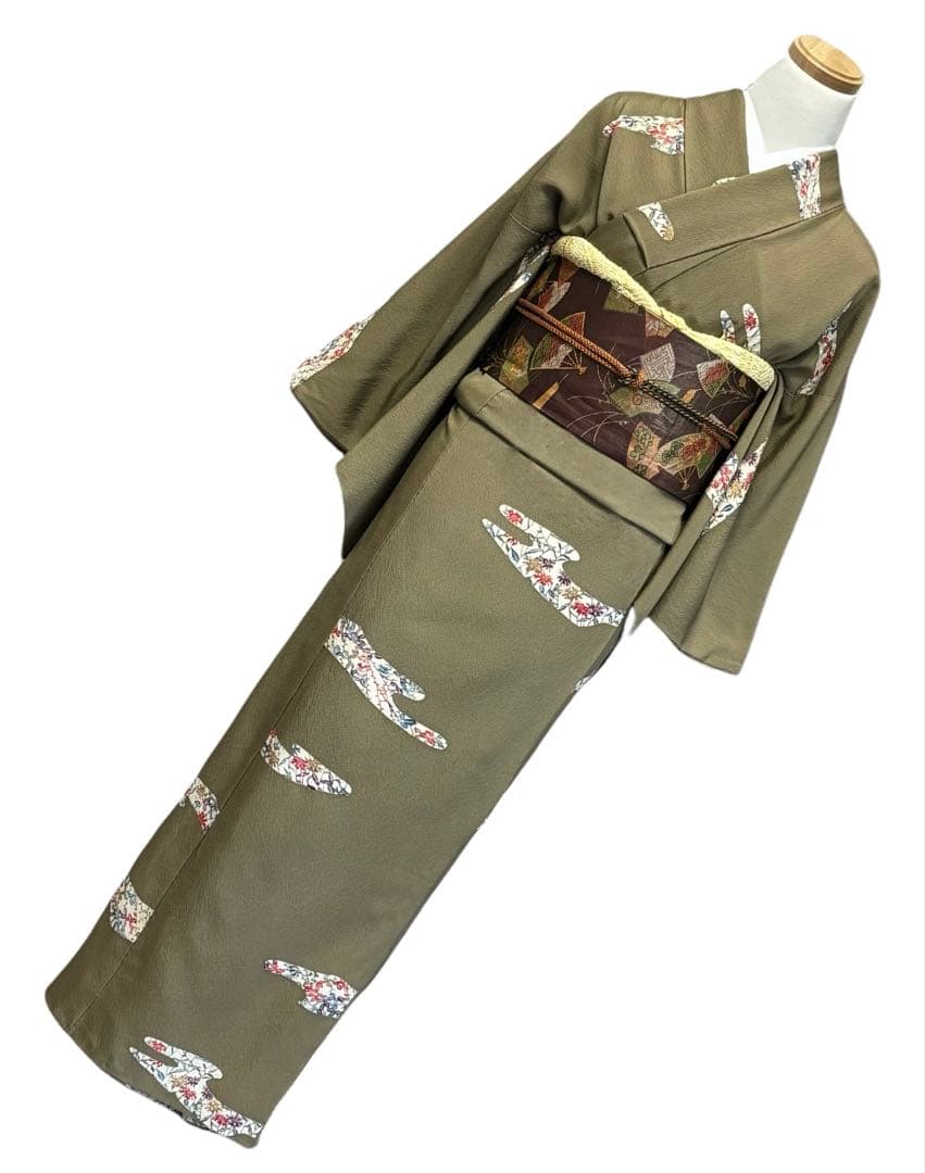 K-1◆小紋 拾 フルセット◆正絹 ちりめん◆ゆったりサイズ◆着物 4点セット◆