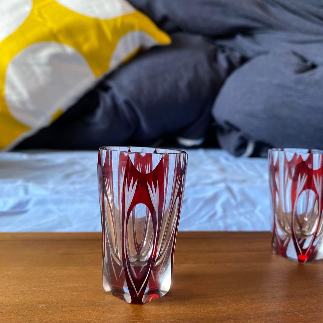 切子　ショットグラス　赤　アンティーク　8客セット